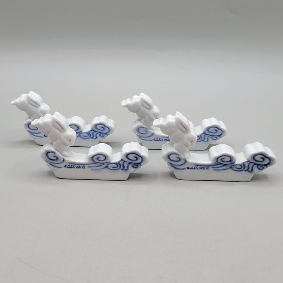 Porcelain Rabbit Chopstick Rests Blue Swirl Design By CITS WUXI Set of 4 - Picture 1 of 7